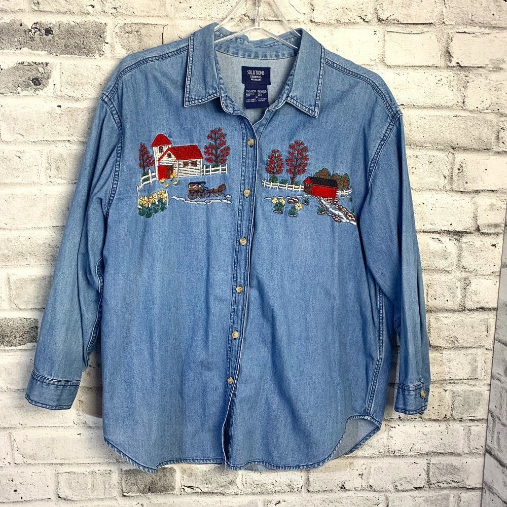 Vintage 90s Embroidered Denim Button Down Cottagecore Shirt